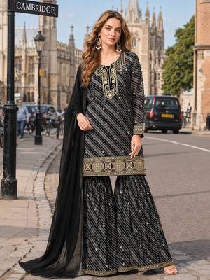 Black georgette semi stitched suit with embroidery & sequence work 1