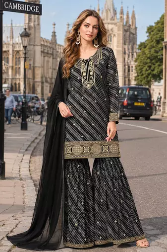 Black georgette semi stitched suit with embroidery & sequence work