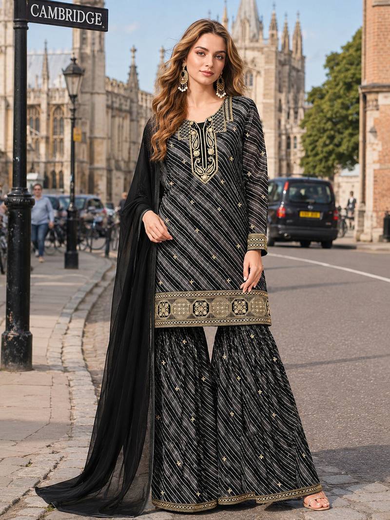 Black georgette semi stitched suit with embroidery & sequence work