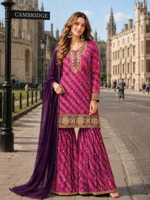 Purple georgette semi stitched suit with embroidery & sequence work 1