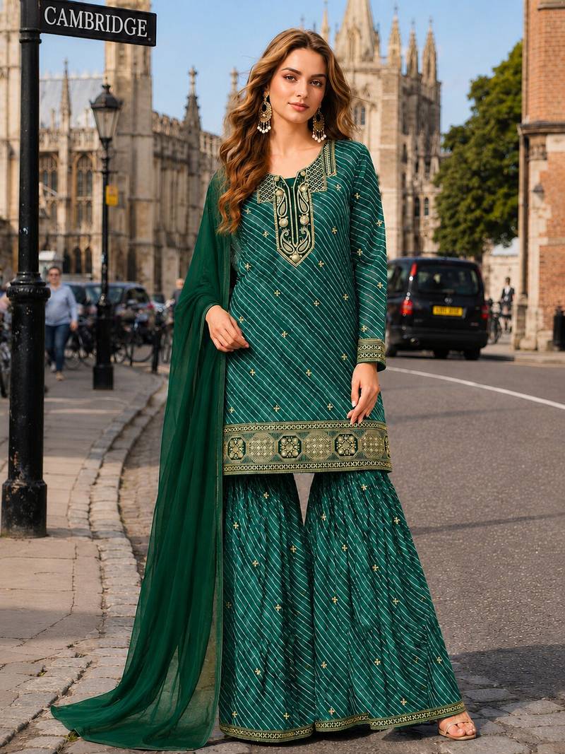 Emerald georgette semi stitched suit with embroidery & sequence work