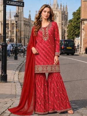 Red georgette semi stitched suit with embroidery & sequence work 1