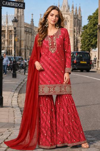 Red georgette suit with embroidery & Sequin work