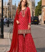 Red georgette semi stitched suit with embroidery & sequence work