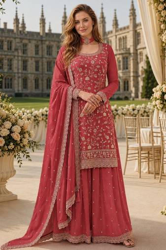 Peach chinon suit with embroidery & Sequin work