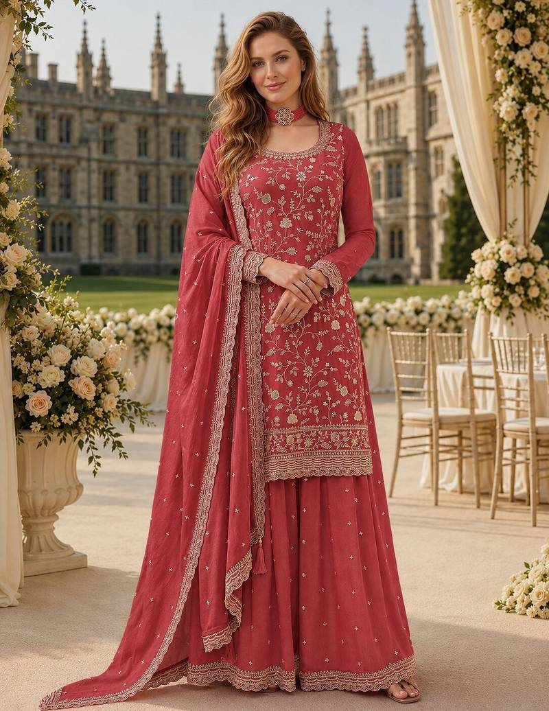 Peach chinon semi stitched suit with embroidery & sequence work