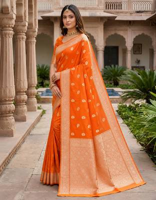 Orange soft silk blend saree with zari weaving meenakari design 3