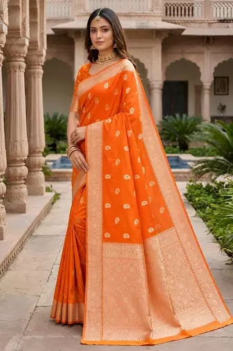 Orange soft silk blend saree with zari weaving meenakari design