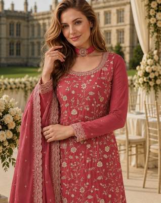 Peach chinon semi stitched suit with embroidery & sequence work 2