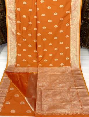 Orange soft silk blend saree with zari weaving meenakari design 4