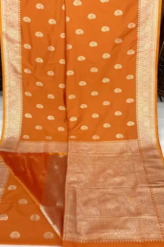 Orange soft silk blend saree with zari weaving meenakari design