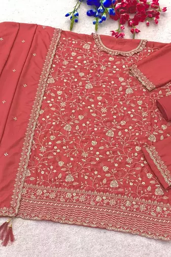 Peach chinon suit with embroidery & Sequin work