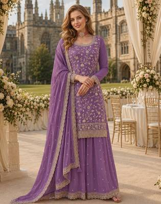 Lavender chinon semi stitched suit with embroidery & sequence work 1