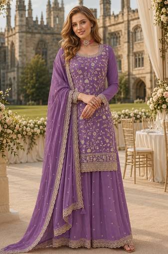 Lavender chinon suit with embroidery & Sequin work
