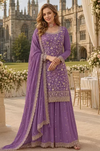 Lavender chinon suit with embroidery & Sequin work