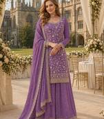Lavender chinon semi stitched suit with embroidery & sequence work
