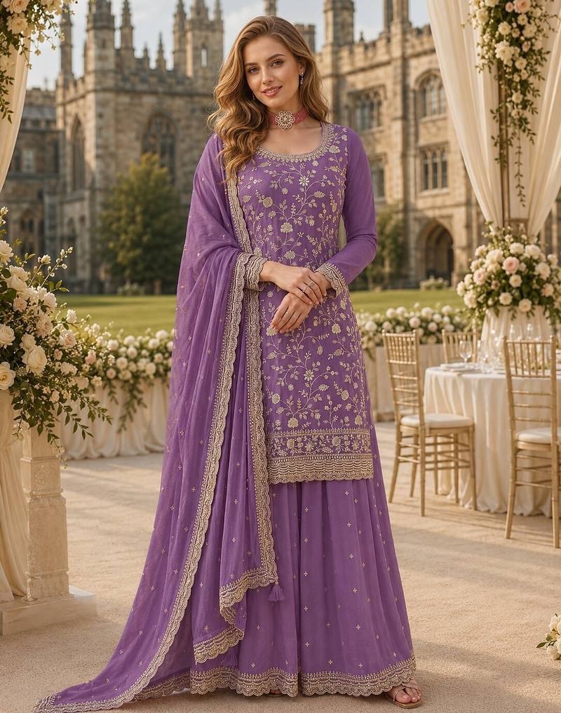 Lavender chinon semi stitched suit with embroidery & sequence work