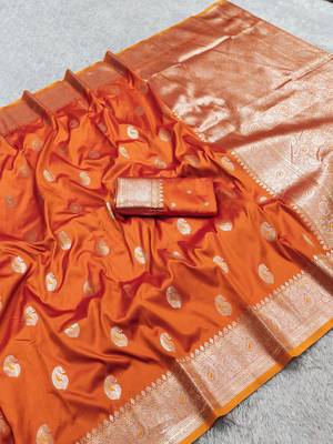 Orange soft silk blend saree with zari weaving meenakari design 5