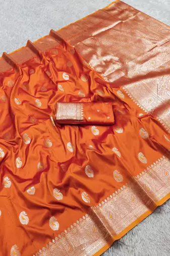Orange soft silk blend saree with zari weaving meenakari design