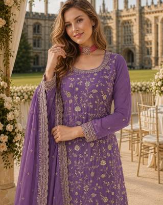 Lavender chinon semi stitched suit with embroidery & sequence work 2