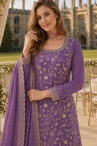 Lavender chinon suit with embroidery & Sequin work