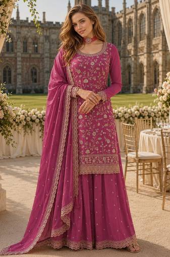 Pink chinon suit with embroidery & Sequin work