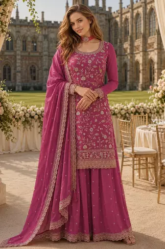 Pink chinon suit with embroidery & Sequin work