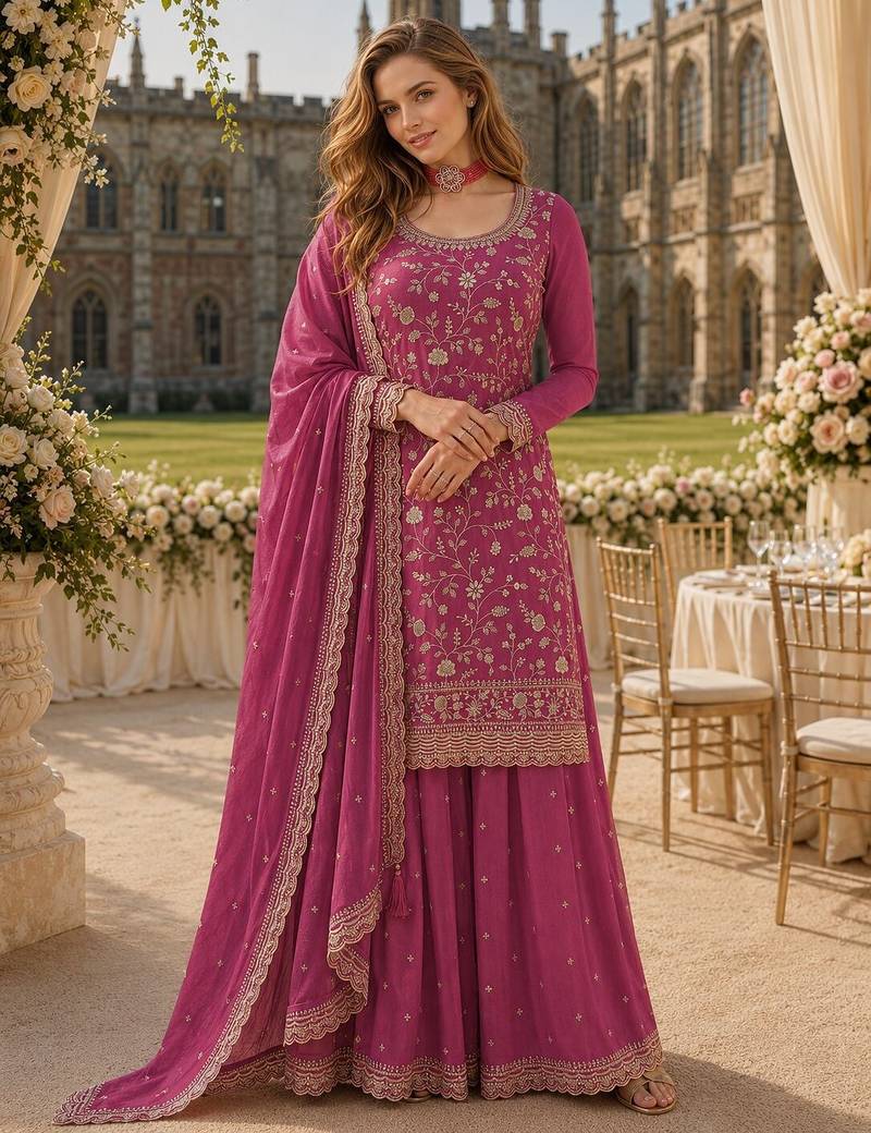 Pink chinon semi stitched suit with embroidery & sequence work
