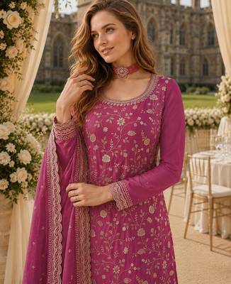 Pink chinon semi stitched suit with embroidery & sequence work 2