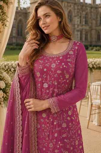 Pink chinon suit with embroidery & Sequin work