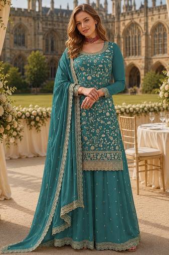 Blue chinon suit with embroidery & Sequin work