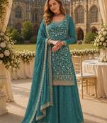 Blue chinon semi stitched suit with embroidery & sequence work