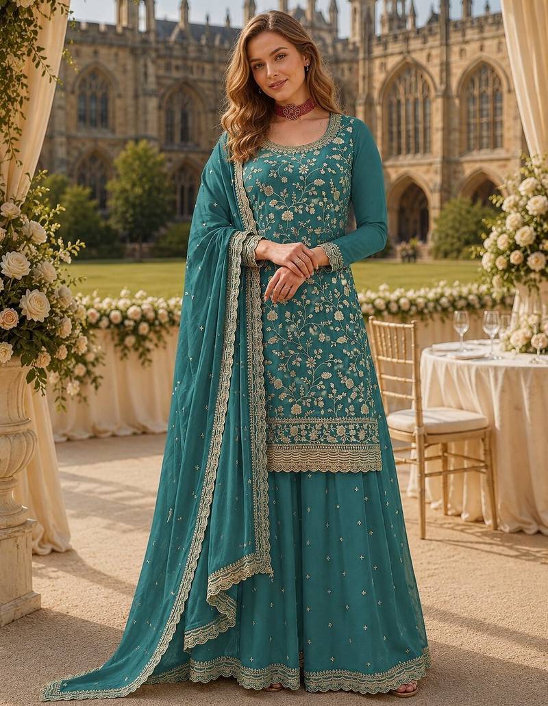 Blue chinon semi stitched suit with embroidery & sequence work