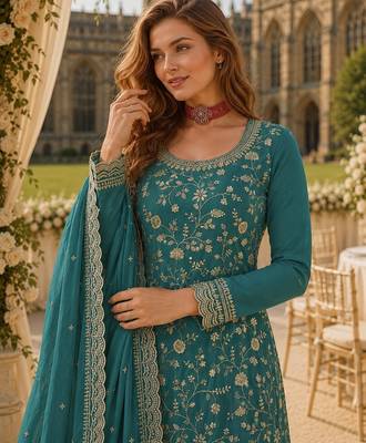 Blue chinon semi stitched suit with embroidery & sequence work 2