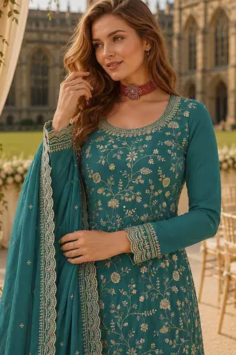 Blue chinon suit with embroidery & Sequin work