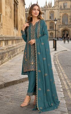 Teal blue silk suit with embroidery & Sequin work 1