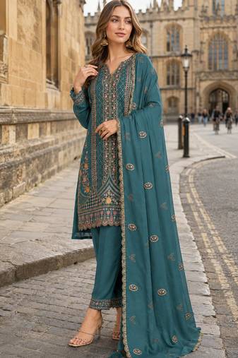 Teal blue silk suit with embroidery & Sequin work