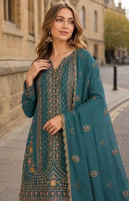 Teal blue silk suit with embroidery & Sequin work 2