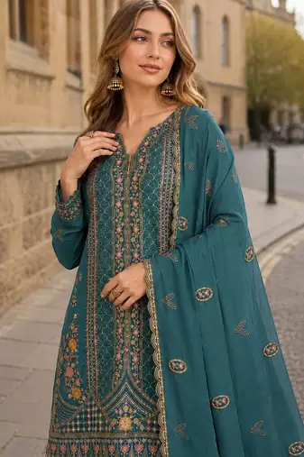 Teal blue silk suit with embroidery & Sequin work