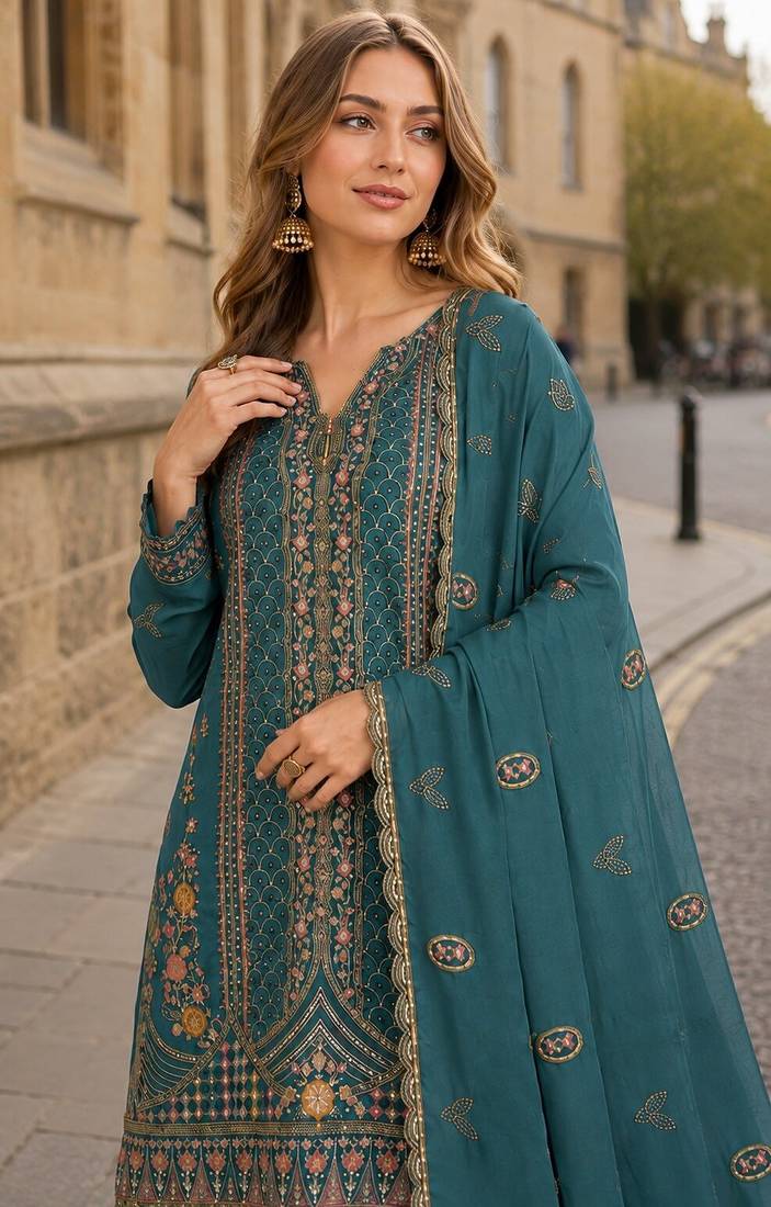 Teal blue silk suit with embroidery & Sequin work