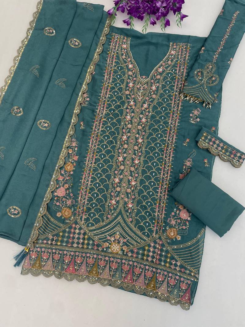 Teal blue silk suit with embroidery & Sequin work