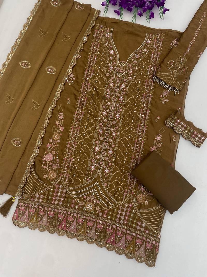Brown silk suit with embroidery & Sequin work