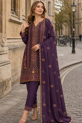 Purple silk suit with embroidery & Sequin work