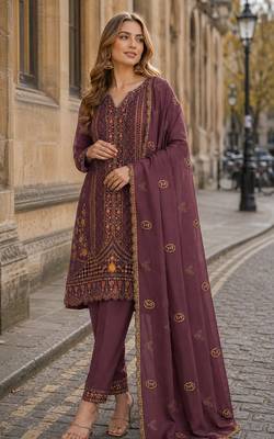 Wine silk suit with embroidery & Sequin work 1