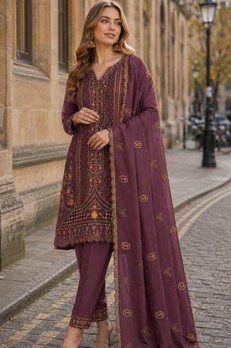 Wine silk suit with embroidery & Sequin work