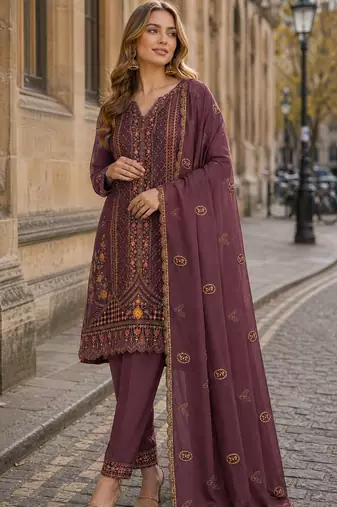 Wine silk suit with embroidery & Sequin work