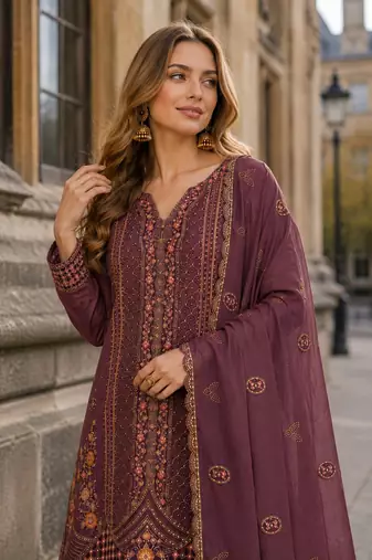 Wine silk suit with embroidery & Sequin work