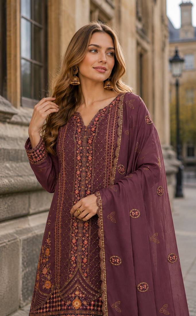 Wine silk suit with embroidery & Sequin work