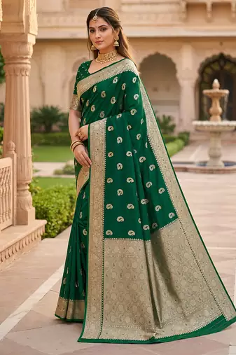 Sea green soft silk blend saree with zari weaving meenakari design
