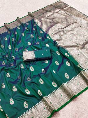 Sea green soft silk blend saree with zari weaving meenakari design 5